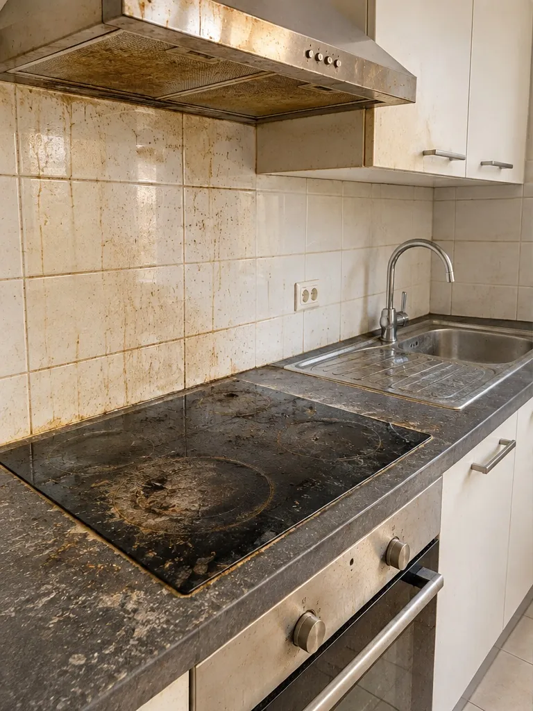 Cuisine en fin de bail avant nettoyage : graisse et calcaire