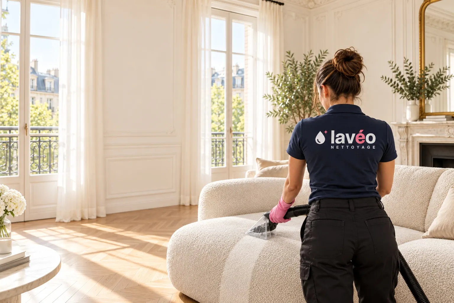 Intervenante Lavéo Nettoyage nettoyant un canapé par injection-extraction à La Ferté-Alais