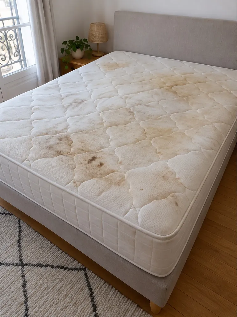 Matelas 2 places avant nettoyage : auréoles et taches jaunies