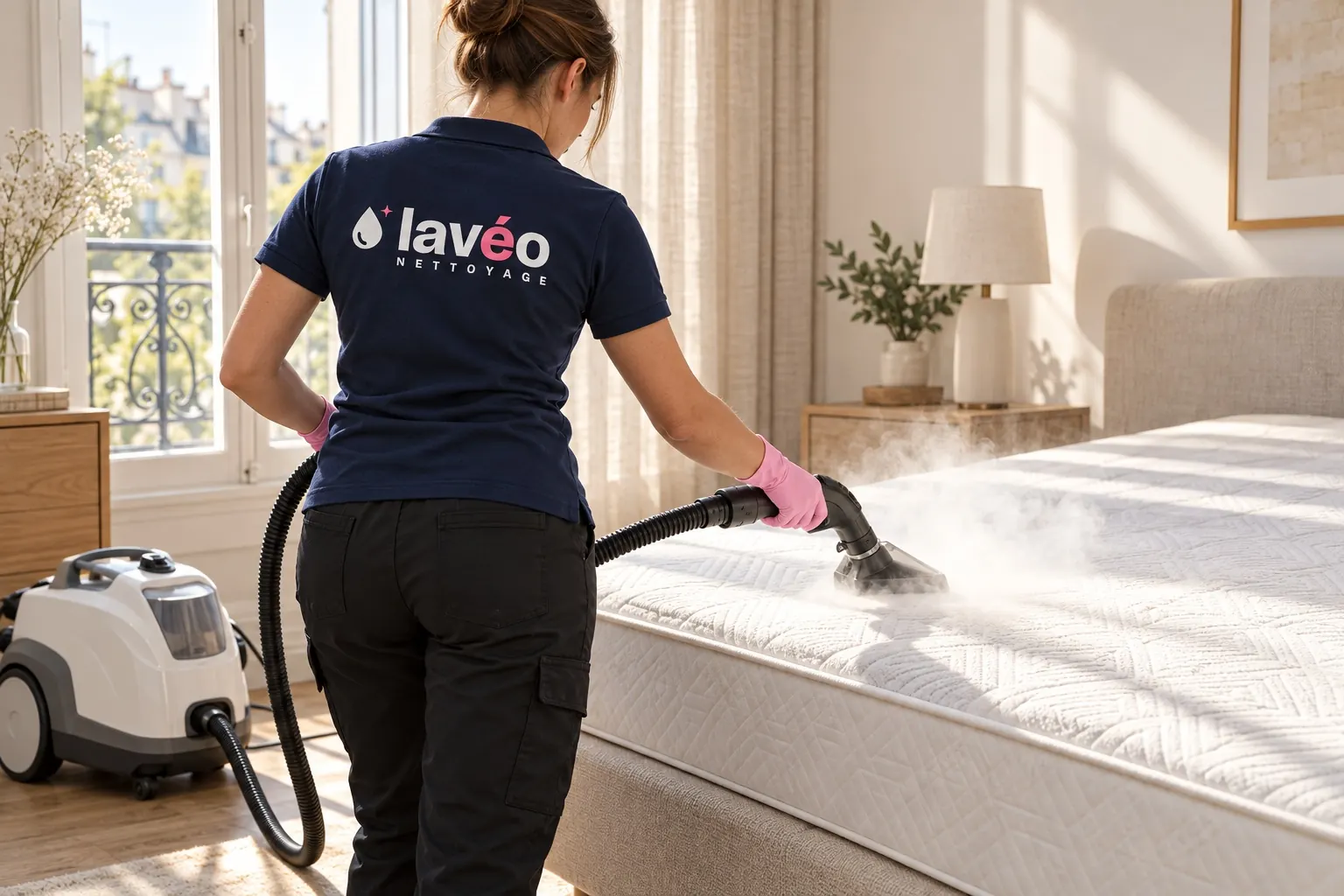 Intervenante Lavéo Nettoyage passant un nettoyeur vapeur sur un matelas